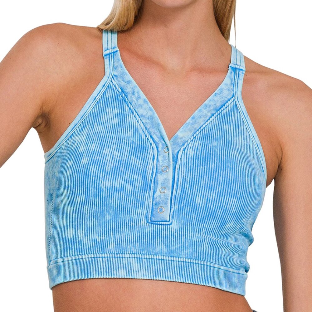 NWT WASHED RIBBED CROPPED BUTTON V-NECK TANK TOP - Deep Sky Blue - S/M